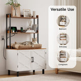 ONBRILL 55 Inches Cat Litter Box Enclosure, Hidden Litter Box Furniture with 2 Storage Shelves and Charging Sockets, Wooden Cat House, Large Indoor Cabinet for Livingroom & Entryway, White ONBRILL