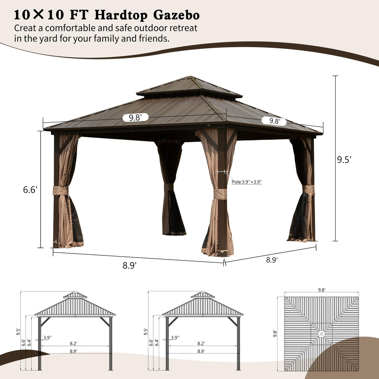 Domi 10' X 10' Hardtop Gazebo, Aluminum Metal Gazebo with Galvanized Steel Double Roof Canopy, Curtain and Netting, Permanent Gazebo Pavilion for domi outdoor living