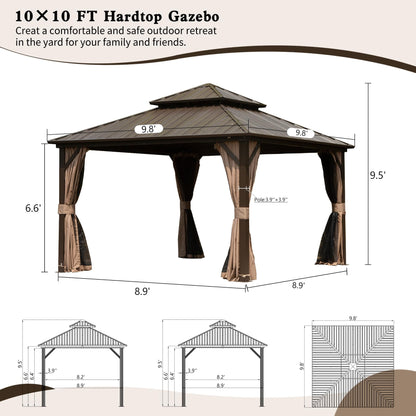 Domi 10' X 10' Hardtop Gazebo, Aluminum Metal Gazebo with Galvanized Steel Double Roof Canopy, Curtain and Netting, Permanent Gazebo Pavilion for