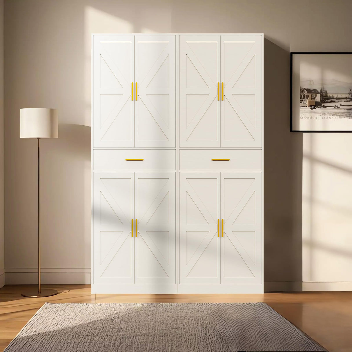 GTFURNI 71" Farmhouse Storage Cabinet with 4 Doors & Drawer, Adjustable Shelves Kitchen Pantry Cupboard, Freestanding Cabinet for Dining Room/Living Space, White GTFURNI