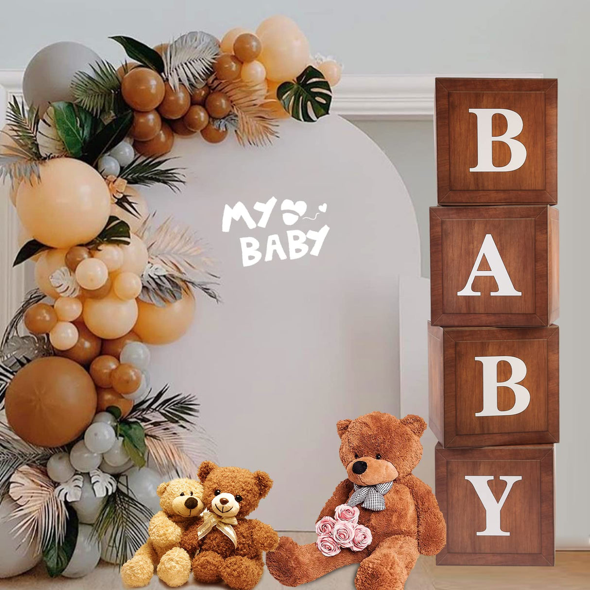 Wood Baby Shower Boxes Party Decorations - 4 Wood Grain Brown Blocks with Printed BABY Letters, Gender Reveal Backdrop,Teddy Bear Baby Shower Supplies, First Birthday Centerpiece Decor WLMALL
