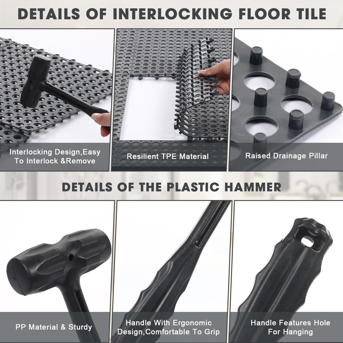 Drydiet 12 Pack Drainage Tiles Modular Interlocking Floor Tiles with 1 Pc Plastic Hammer 12" x 12" Cushion Mat Non Slip Rubber Floor Tiles with Holes for Pool Bathroom Deck Kitchen Patio (Black)