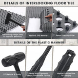 Drydiet 12 Pack Drainage Tiles Modular Interlocking Floor Tiles with 1 Pc Plastic Hammer 12" x 12" Cushion Mat Non Slip Rubber Floor Tiles with Holes for Pool Bathroom Deck Kitchen Patio (Black) Drydiet