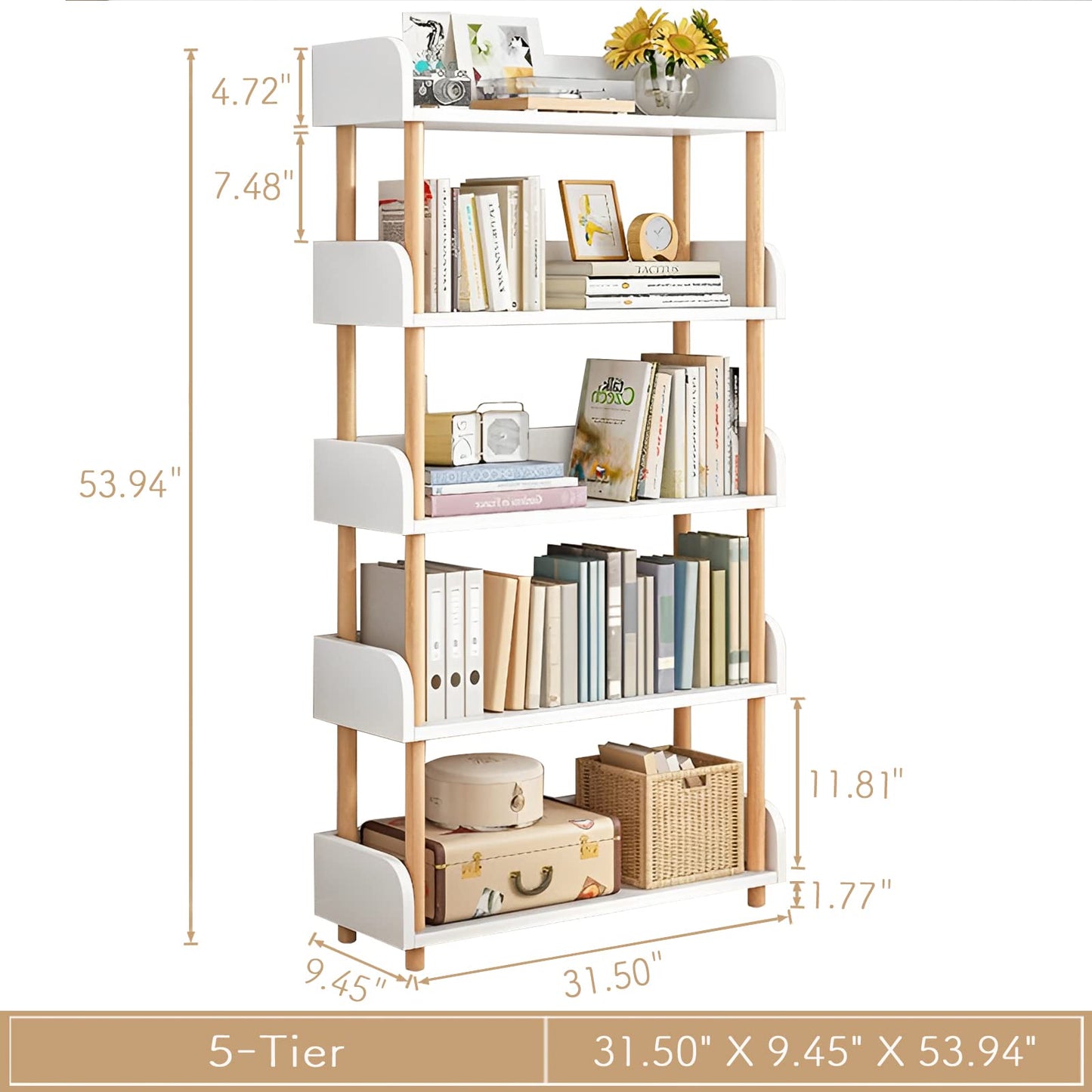 Modern 5-Tier Open Bookcase in Warm White with Solid Wood Frame and Side Panels - WoodArtSupply