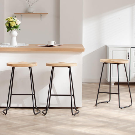 HeuGah Counter Height Bar Stools Set of 3, Solid Wood Bar Stool for Kitchen Island 26" Barstool with Metal Leg Rustic Backless Saddle Seat Stools HeuGah