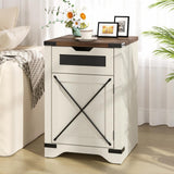 Farmhouse End Table with Charging Station, 26.4" H Side Table with Drawer and X Barn Door, Antique White Country Nightstand Bedside Table, Mid Century Modern Sofa Side Table for Living Room FiveWillowise