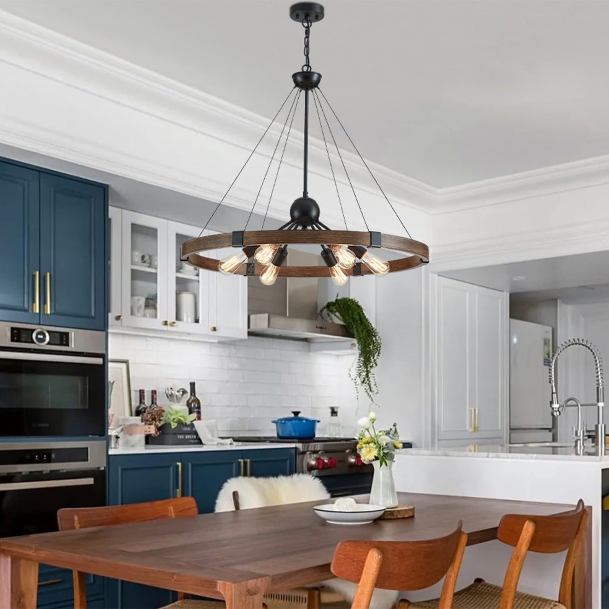 XINGQI 31.5" Wagon Wheel Chandeliers Large Modern Farmhouse Light Fixture, Black & Wood Grain Finish 6-Light for Dining Room Living Room Office XINGQI