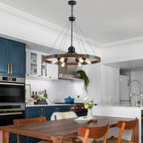 XINGQI 31.5" Wagon Wheel Chandeliers Large Modern Farmhouse Light Fixture, Black & Wood Grain Finish 6-Light for Dining Room Living Room Office XINGQI