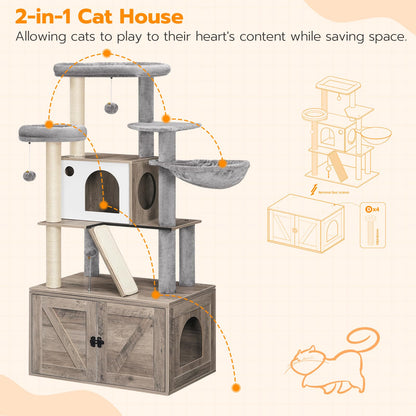 HOOBRO Cat Tree with Litter Box Enclosure, 59.1" Tall 2-in-1 Versatile Cat Tower with Hidden Litter Box Furniture, Cat Condo, Dangling Balls, Scratching Posts, Scratching Board, Greige BG50MZ03