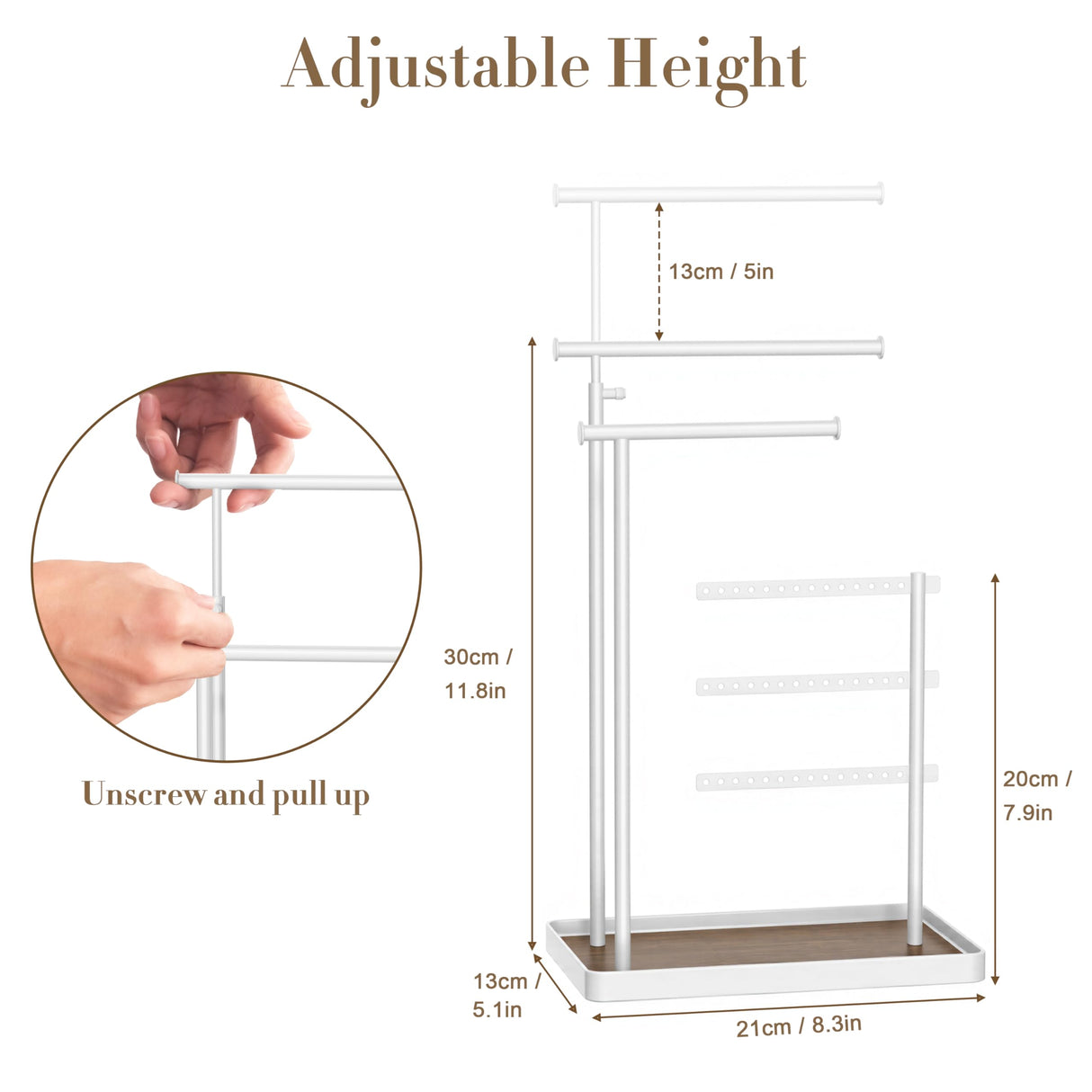 susswiff Jewelry Holder Organizer Stand - Adjustable Tall 17.5" (Max), Sturdy Jewelry Hanger for Necklaces, Earrings, Bracelets, Rings, Jewlery Display and Storage, White, Metal susswiff