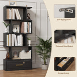 5-Tier Bookshelf, 59” Tall S Shaped Bookcase with Drawer, Freestanding Room Divider with Anti-Tipping Device, Wood Geometric Open Storage Display Shelf for Living Room,Study Room,Home Office(Black) HOTLUU