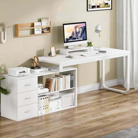 HOMBCK White Desk with Drawers and Shelves,Long Desk L Shaped Desk with Storage and Removable Monitor Stand for Home Office, Corner Desk Executive Desk for Bedroom - WoodArtSupply