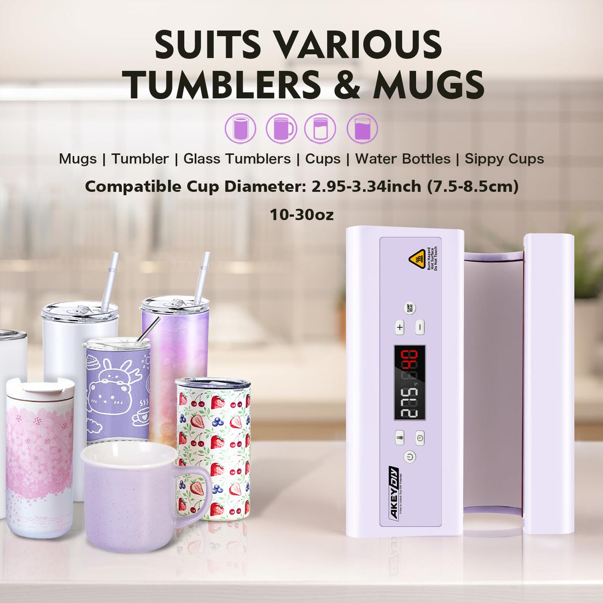 AKEYDIY Auto Tumbler Heat Press Machine 30OZ Mug Press Automatic Press & Release, Temp & Time Setting, Cup Transfer Machine for 11-30OZ Ceramic, Glass, w/Sublimation Papers, Heat Tape & Gloves AKEYDIY