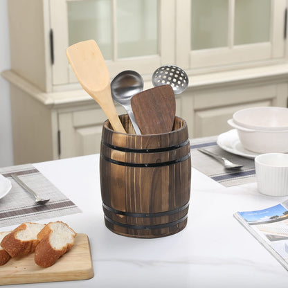 MyGift Wine Barrel Design Kitchen Utensil Crock, Vintage Rustic Burnt Wood Cooking Tool Holder - WoodArtSupply