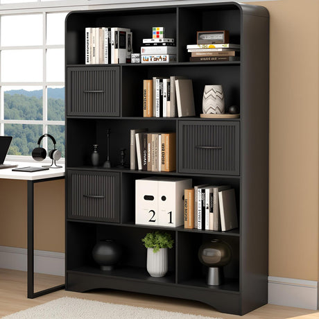 70" Tall Book Shelf and Bookcase, Tall Bookshelf with Storage, 48" Wide Modern Bookcase with Adjustable 3 Bins Storage, Large Bookshelf Wood 13" Deep Display Shelves for Living Room, Home Office,Black SOLACE FURNITURE