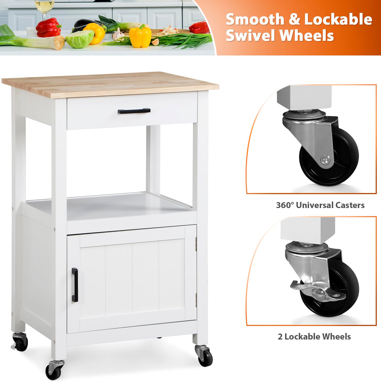 HomGarden Kitchen Island on Swivel Wheels with Drawer, Rolling Kitchen Cart Storage Cabinet with 3 Side Hooks for Dining Room, White HomGarden