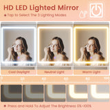 DICTAC Makeup Vanity Desk with Sliding LED Lighted Mirror, 47.2"W Large Vanity Desk with Drawers, Shelves and Side Storage, RGB Glass Cabinet, White Vanity Table Set with Charging Station for Bedroom DICTAC