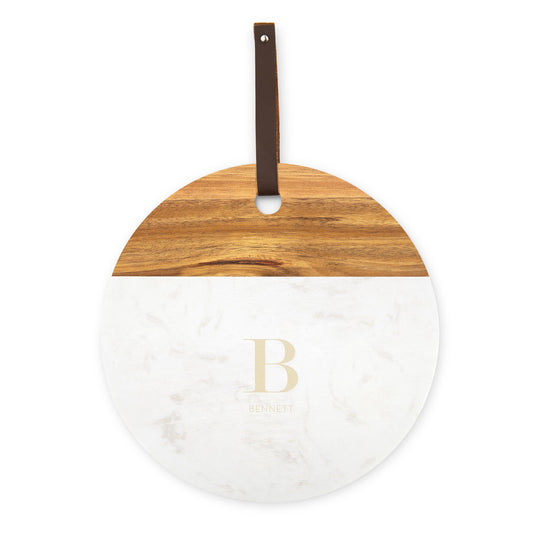 Weddingstar Custom Engraved Circular Wooden Acacia Plank & Marble Cutting Board Serving Tray - Serif Monogram - WoodArtSupply