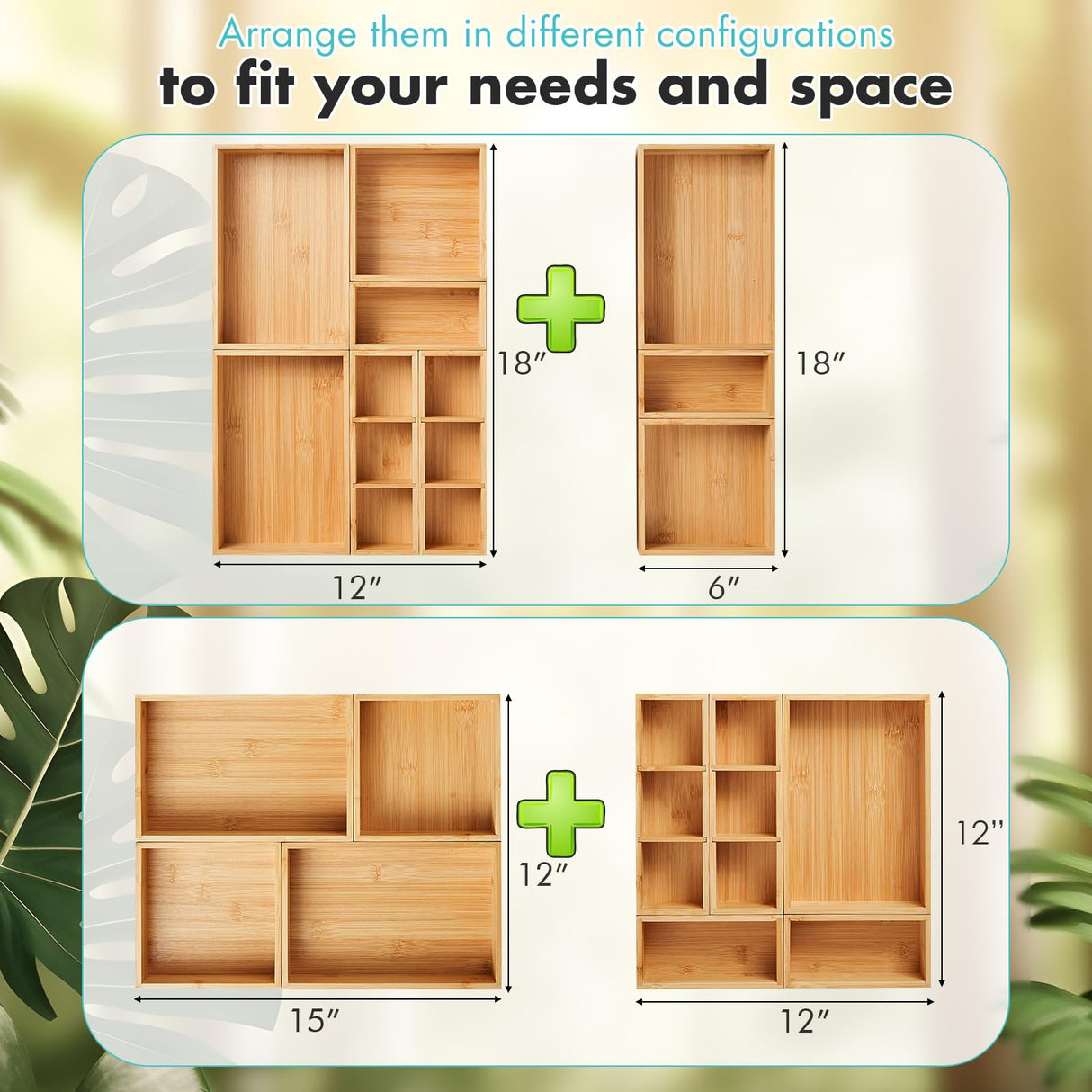 Fabsome Drawer Organizer, Set of 9 Bamboo Wood Kitchen Makeup Desk Junk Tea Drawer Storage Boxes Bins for Cutlery Silverware Utensils Flatware, Small Wooden Container Tray for Bathroom, Office Fabsome