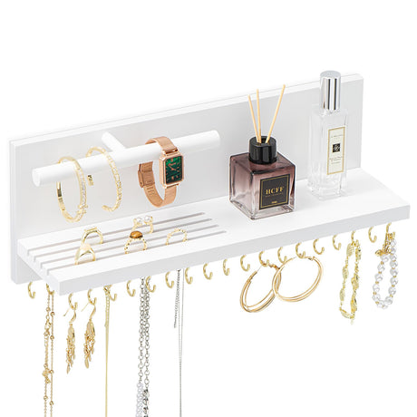 HappyHapi Hanging Jewelry Organizer Necklace Organizer Jewelry Hanger with 36 Hooks,Wall Mounted Jewelry Organizer for Necklace Earrings and Rings (White) HappyHapi