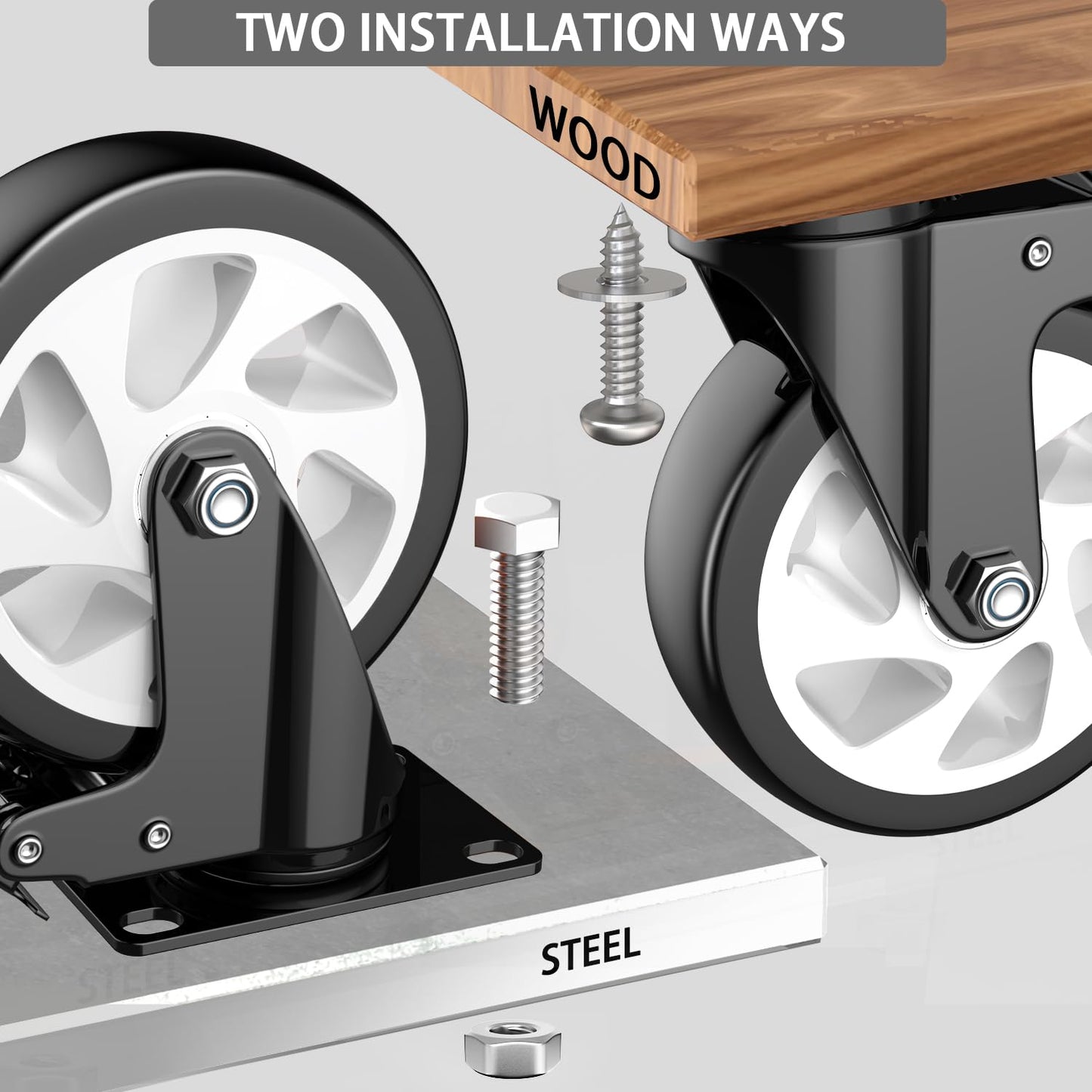 5 inch Caster Wheels, Heavy Duty Casters Set of 4, Locking Swivel Industrial Plate Casters with Double Ball Bearings,Wheels for Furniture, Workbench, Cart(Two Hardware Kits Include)