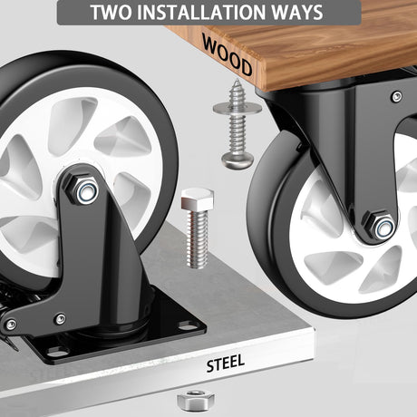 5 inch Caster Wheels, Heavy Duty Casters Set of 4, Locking Swivel Industrial Plate Casters with Double Ball Bearings,Wheels for Furniture, Workbench, Cart(Two Hardware Kits Include) LUTUMEI