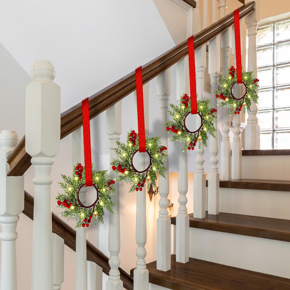 Xinnun 8 Pcs Christmas Kitchen Cabinet Wreaths with LED Lights and Red Ribbons 3.15 Inch Lighted Christmas Door Wreath Artificial Greenery Wreath with Red Berry Small Xmas Wreath for Wall Porch Window Xinnun