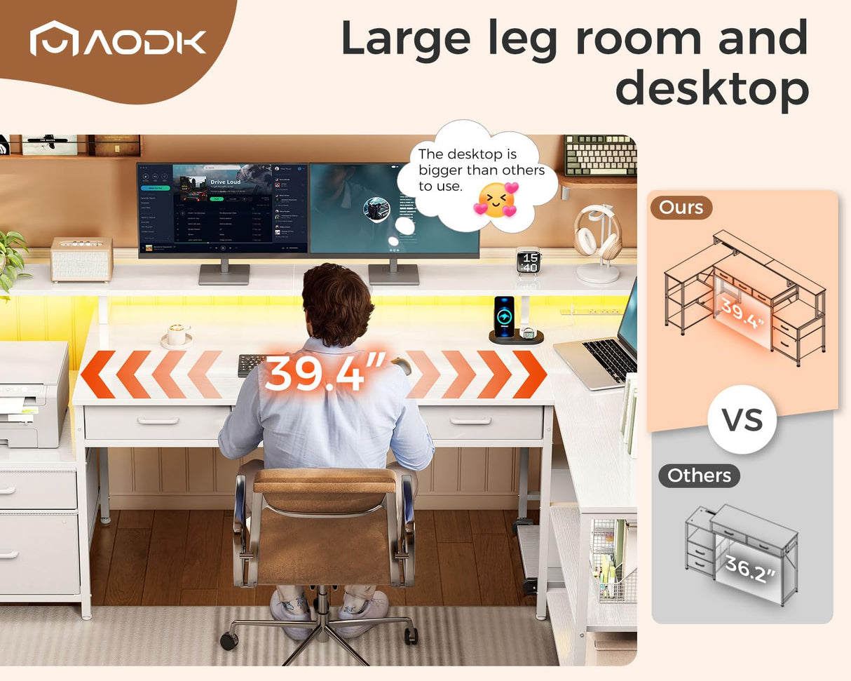AODK L Shaped Desk with 5 File Drawers, 66" Reversible L Shaped Computer Desk with Power Outlet & LED Strip, Office Desk with Storage Shelves, Gaming Desk with Monitor Shelf, Corner Desk, White AODK