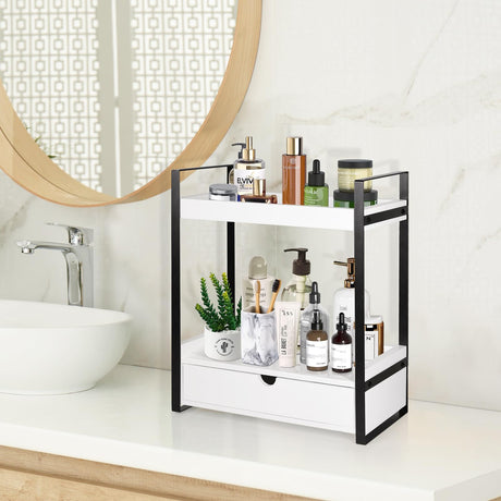 Ukonvi 2-Tier Bathroom Organizer Countertop with Drawer, Wood Counter Shelf for Storage, Vanity Tray for Bathroom Organization and Decor, Countertop Organizer for Kitchen, Office (White) Ukonvi
