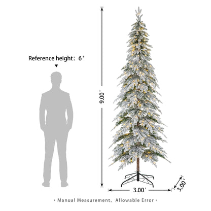 Glitzhome 9ft Pre-Lit Flocked Pencil Spruce Artificial Christmas Tree with 470 Warm White Lights and Sturdy Metal Stand for Home, Office, Party Decoration