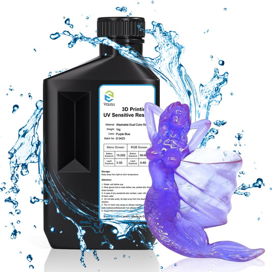 Yousu 3D Printer Resin UTH Nebula, Water Washable Resin Dual Color 3D Printer UV-Resin Rapid LCD UV-Curing Resin 405nm Photopolymer Resin for LCD 3D Printer 1000g, Purple Blue Color.