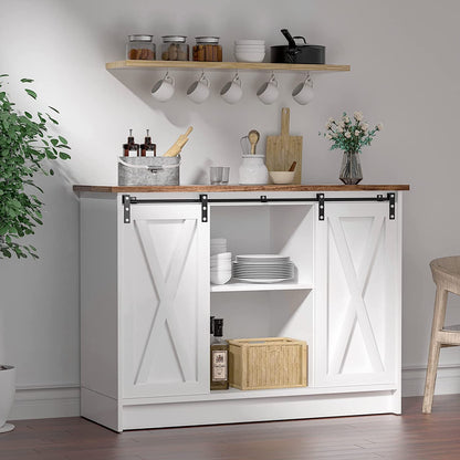 4ever2buy Farmhouse Coffee Bar Cabinet, 42’’ Kitchen Buffet Cabinet with Storage, White Buffet Cabinet with Sliding Barn Door, Coffee Bar Table with Adjustable Shelf for Living Dining Room