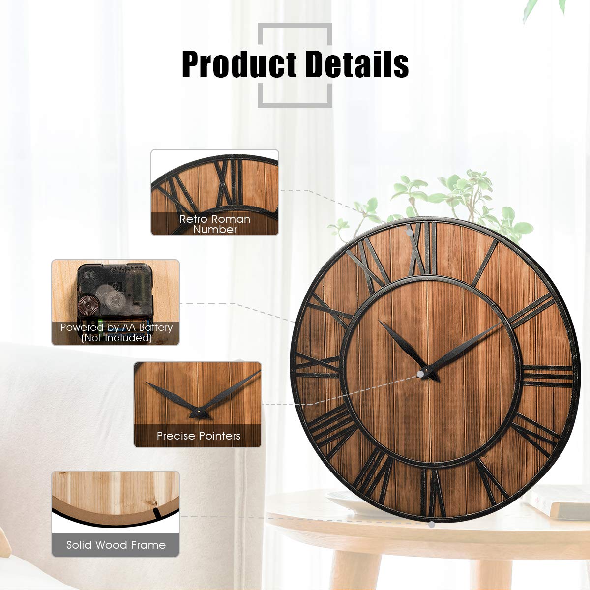 Tangkula 30 Inch Round Wall Clock, Farmhouse Large Wall Clock with Roman Numerals, Decorative Wooden Wall Clock, Come with AA Battery, Rustic Wall Clock Hanging for Home Office (Bronze+Brown) - WoodArtSupply