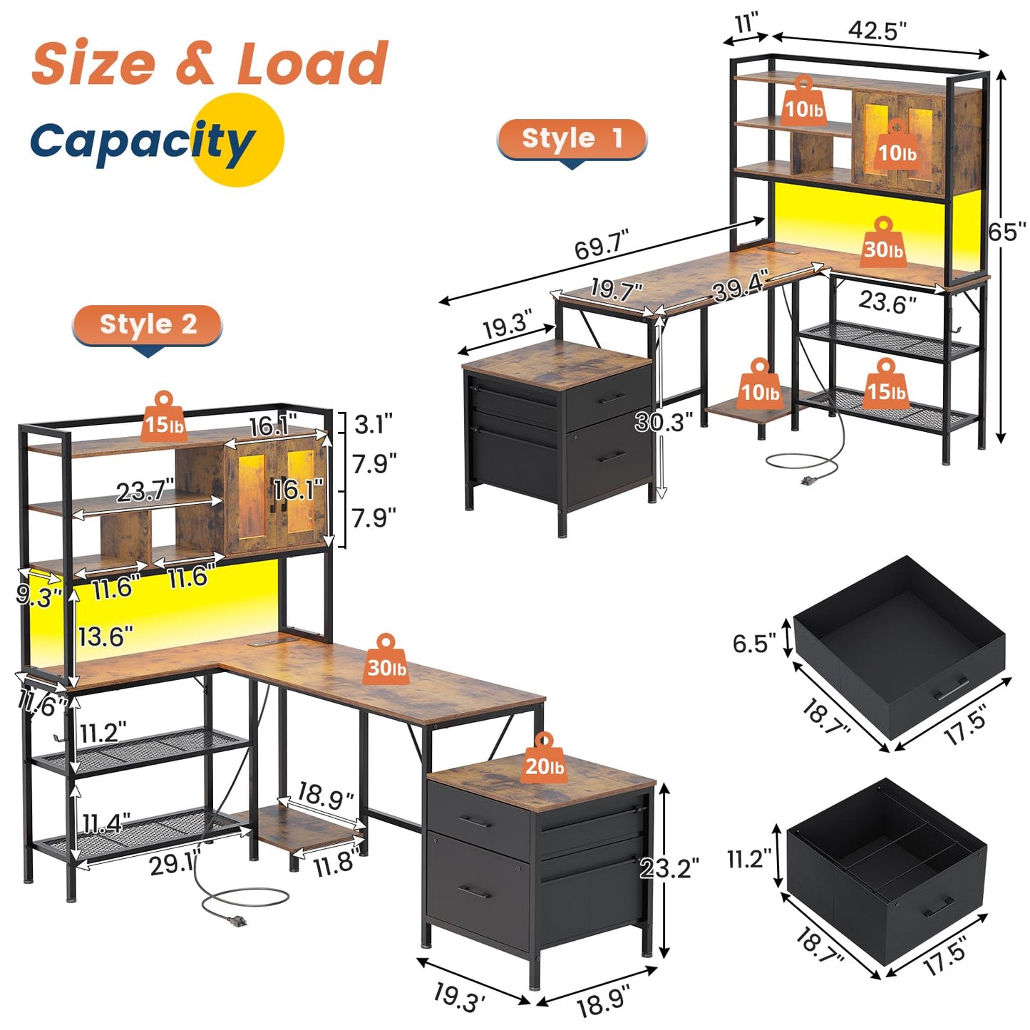 UPOSOJA L Shaped Computer Desk, 69.7in Gaming Desk with Hutch, Home Office Desk with Power Outlet, Bookshelf Led Strip File Cabinet Printer Rack (Brown, 1 Hutch)