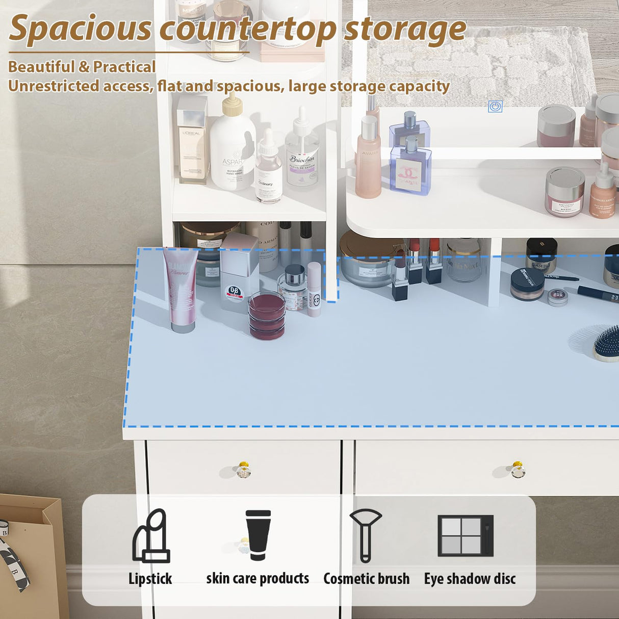 FUFU&GAGA Vanity Set with Rectangular Mirror, Makeup Vanity Dressing Table with 5 Drawers, Shelves, Dresser Desk and Cushioned Stool Set (B White/Lighted Mirror) FUFU&GAGA