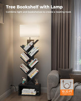 Evermagin 6 Tier Tree Bookshelf with Light, Small Bookcase Tower for Books/CDs/Movies, Sturdy Tall Floor Standing Book Organizer with Storage Cabinet for Living Room, Bedroom and Home Office (Black) Evermagin