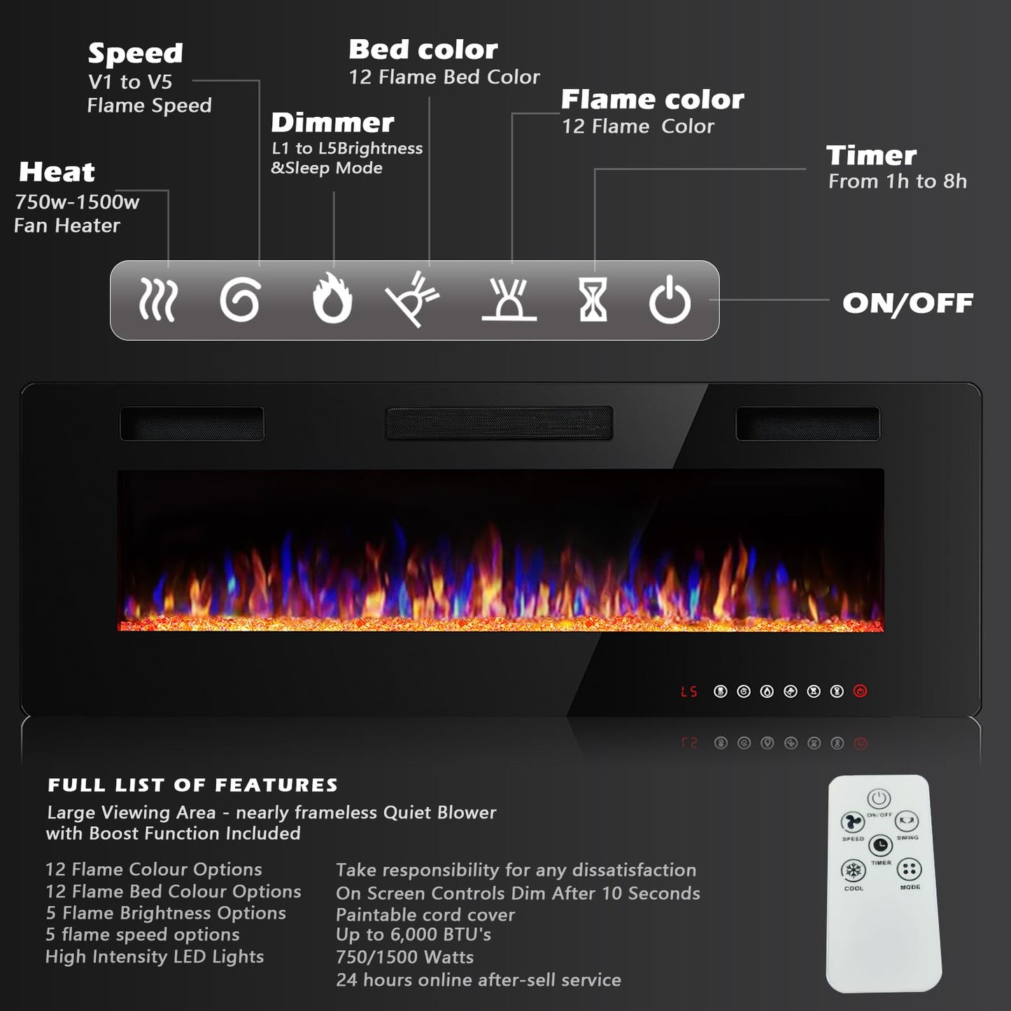 BOSSIN 60 inch Ultra-Thin Silence Linear Electric Fireplace, Recessed Wall Mounted Fireplace, Fit for 2 x 4 and 2 x 6 Stud, 12 Adjustable Flame Color & Speed,Touch Screen Remote Control with 8h Timer