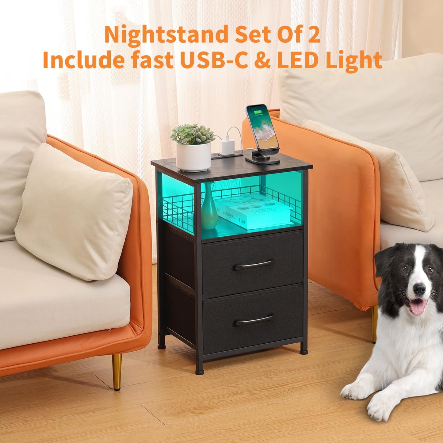 LAKEMID Nightstands Set of 2 with Charging Station, Night Stand with 20 Colors LED Lights and Fabric Drawer, Side Tables Bedroom, End Table with USB ports and Outlets for Living Room, Office  - WoodArtSupply