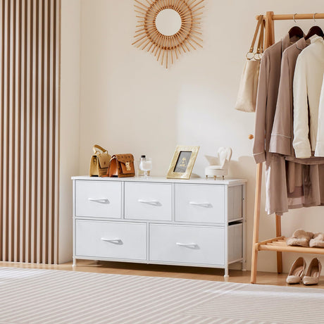 OLIXIS Dresser for Bedroom with 5 Drawers, Wide Chest of Drawers, Fabric Bedroom Dresser with Drawer Organizers, Storage Organizer Unit with Fabric Bins for Closet, Living Room, Hallway, Classic White OLIXIS