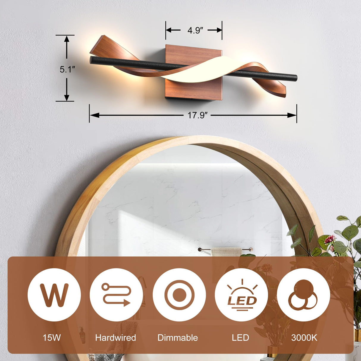 Lawyettle Farmhouse LED Wall Sconce, 3000K Dimmable LED Bathroom Light Fixture, 17.9" Vanity Light Over Mirror, Wood Indoor Wall Lamp for Bedroom, Living Room Lawyettle