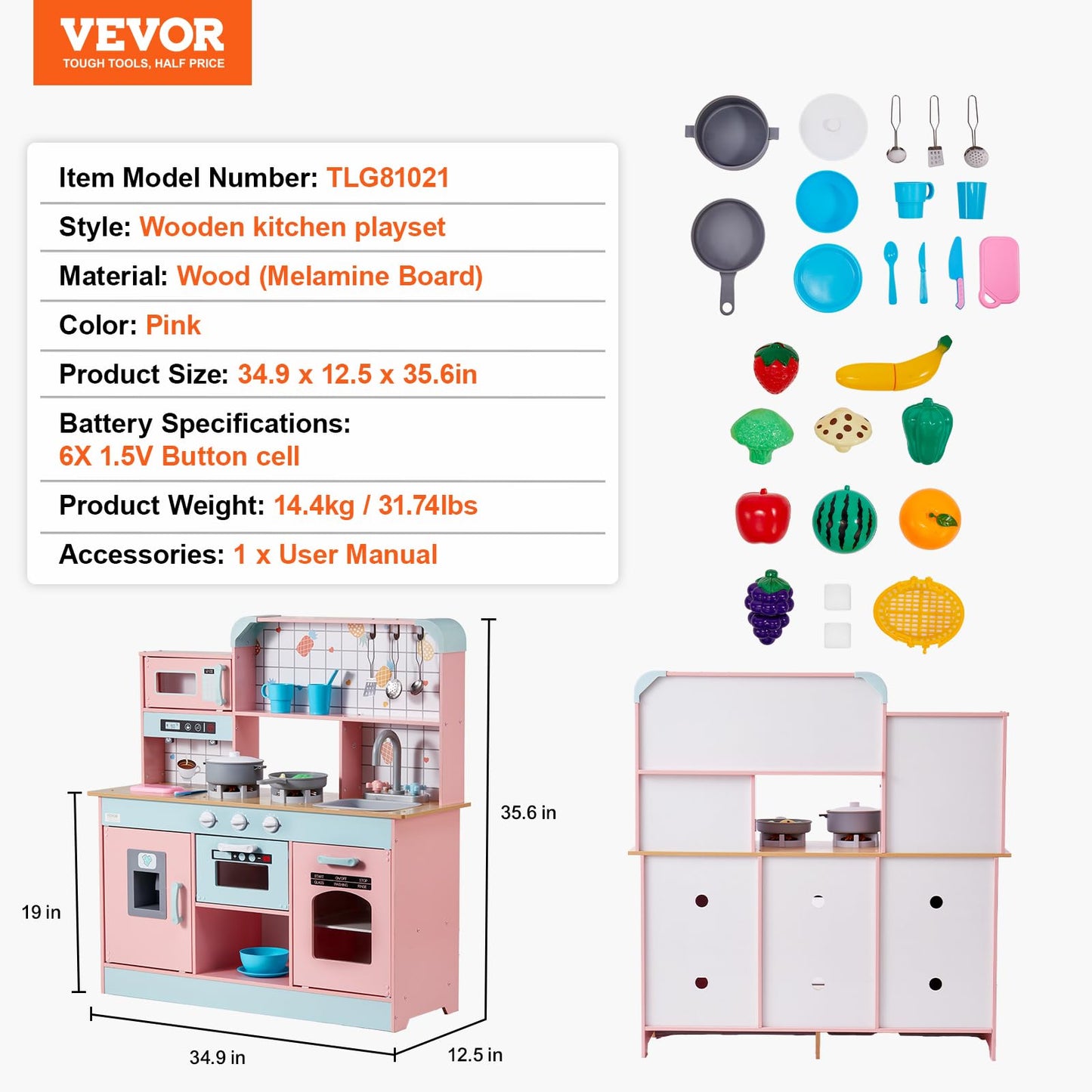 VEVOR Wooden Play Kitchen Toy, Play Kitchen for Kids with Lights and Sounds, Toddler Kitchen with Ice Maker, Oven, Sink, Microwaves, Fridge and Utensil and Fruit Accessory for Toddlers Ages 3-8, Pink