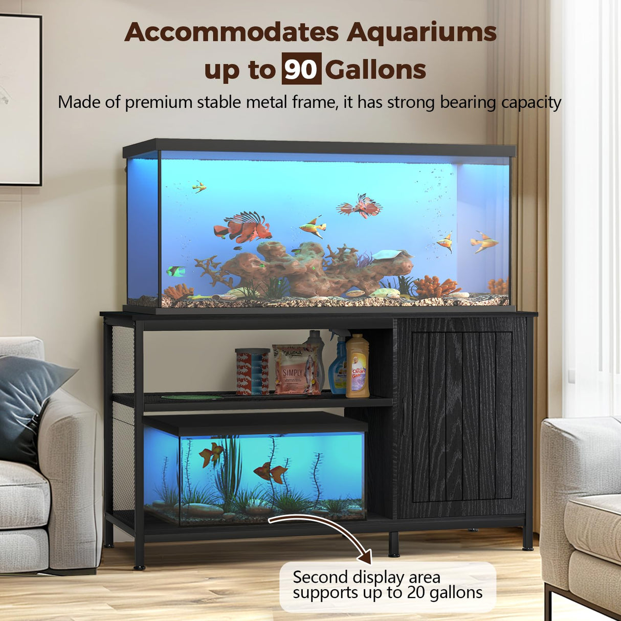 Tatub 55-90 Gallon Fish Tank Stand Large Aquarium Stand with Accessories Storage, Heavy Duty Metal Fish Tank Cabinet Suitable for Turtle Tank, Reptile Terrarium Stand, 1000LBS Capacity, Black Tatub