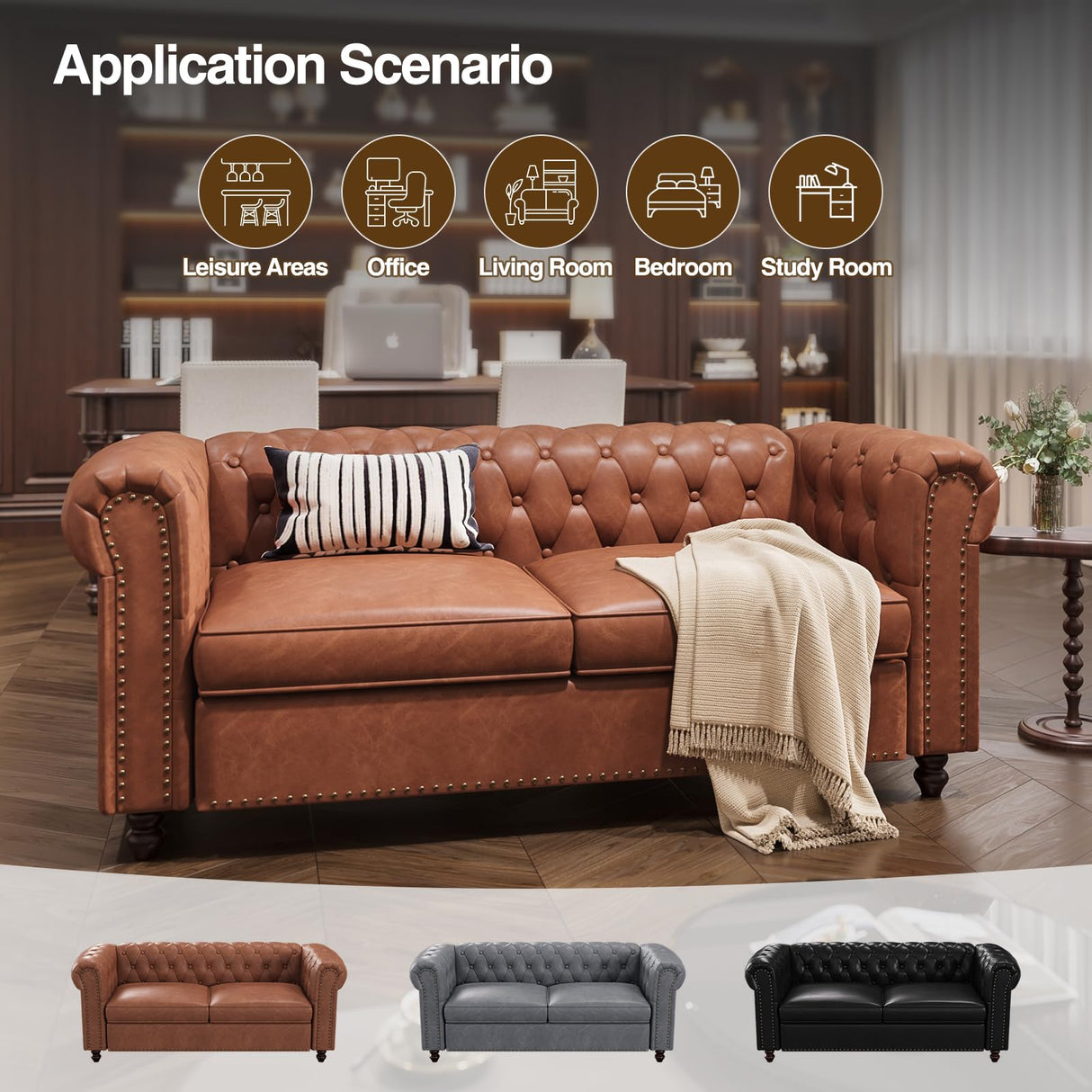 FiveWillowise 72 Inch Brown Couch, Chesterfield Faux Leather Sofa with Wooden Legs, Vintage Tufted Sofa with Rolled Arms, Mid Century Modern Couch with Rivets for Living Room, Apartment, Office FiveWillowise