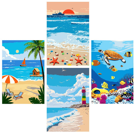 AUTMAPLA 4 Pack Beach Paint by Numbers Kit for Adults Beginner,Ocean Landscape Paint by Number on Canvas Watercolor DIY Acrylic Oil Simple Easy Small Paint by Numbers for Home Decor 8"X12" AUTMAPLA