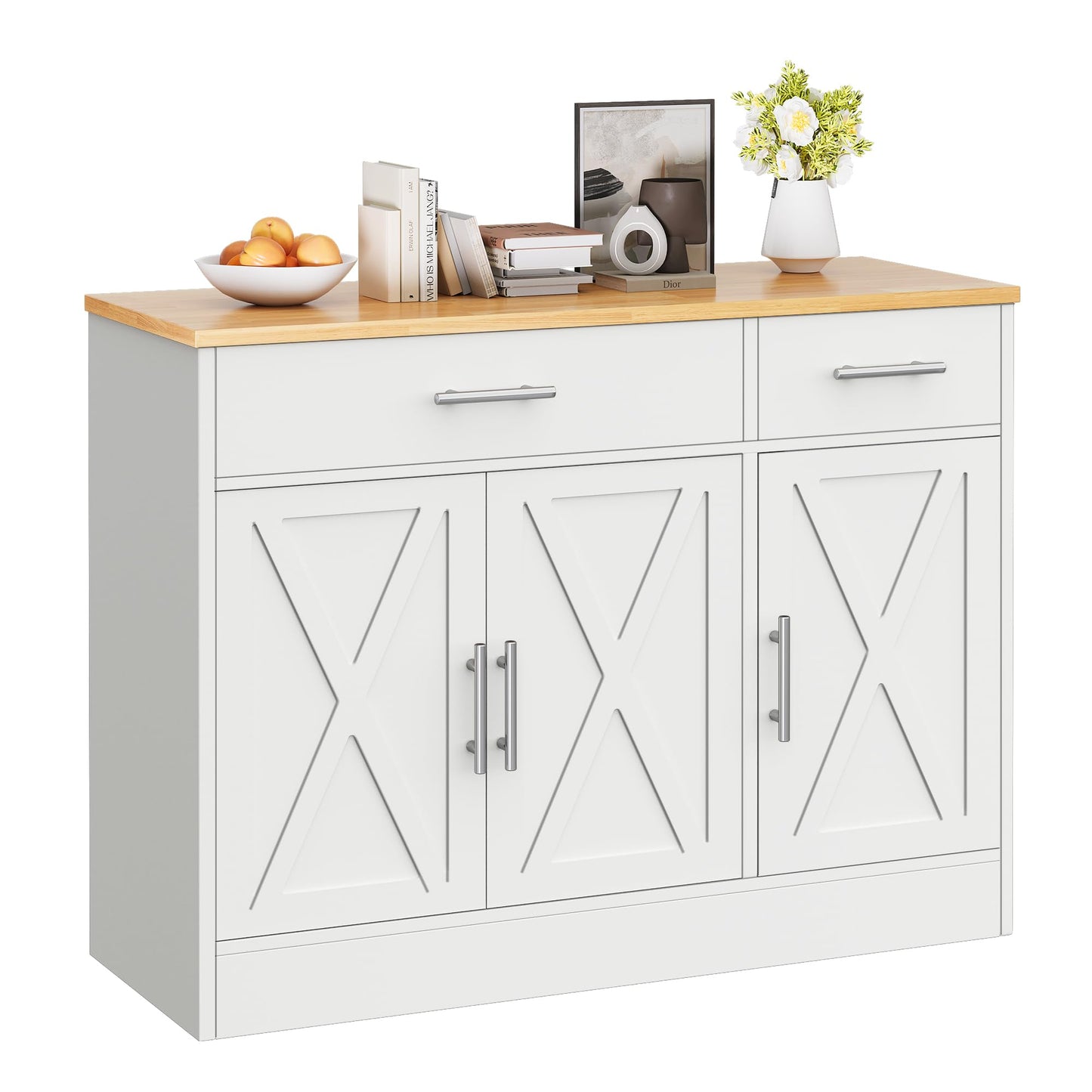 Vongrasig 43” Sideboard Buffet Cabinet with Storage, Farmhouse Coffee Bar with Drawers and Shelves, Wood Buffet Table for Kitchen, Dining Room, White