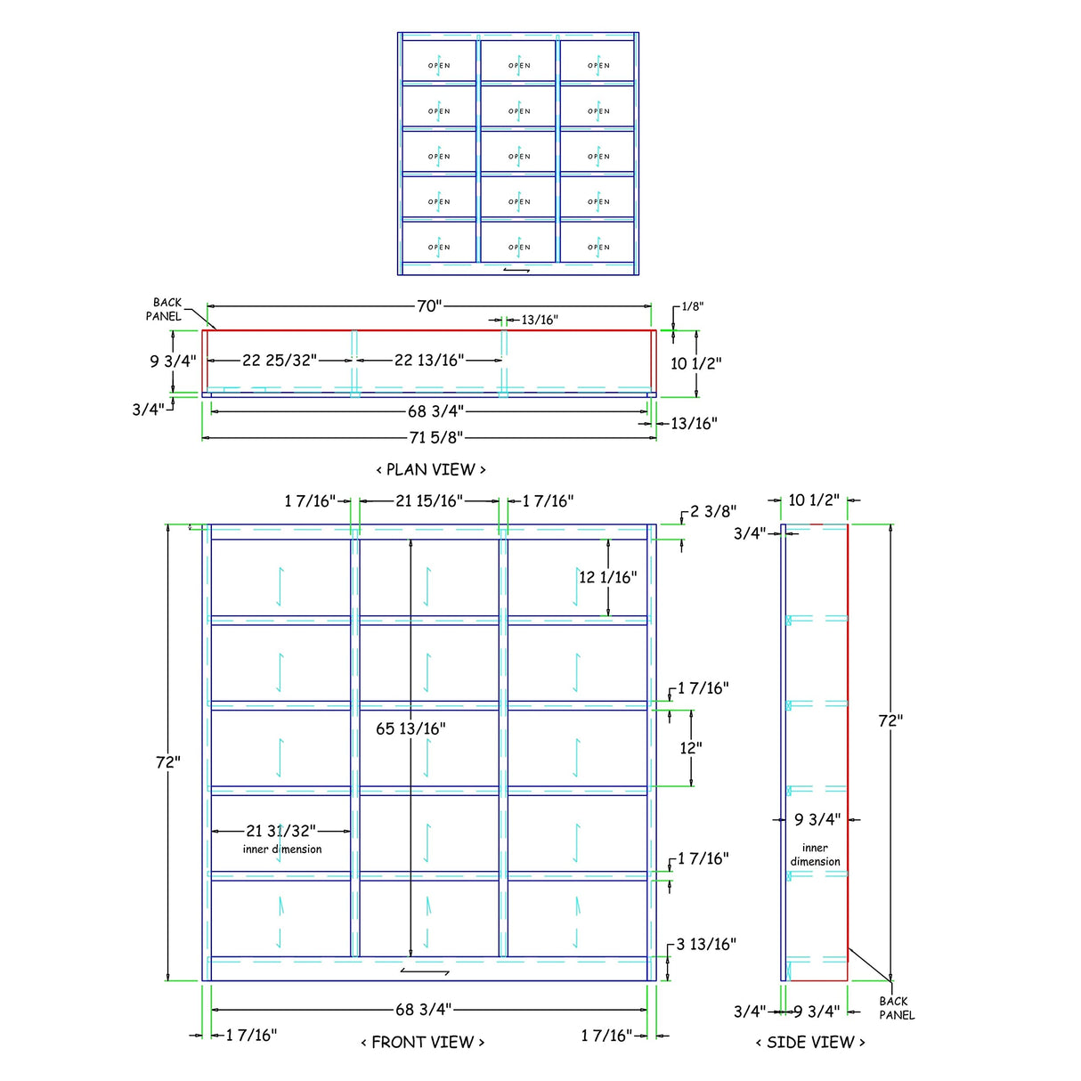 Traditional 72-Inch Triple Wide Wood Bookcase with 15 Adjustable Shelves in Cherry Finish Concepts In Wood