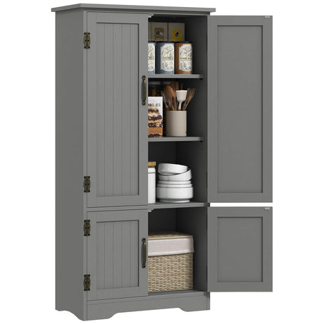 HOMCOM 48.5" Kitchen Pantry Cabinet, Compact Farmhouse Storage Cabinet Organizer with 2 Adjustable Shelves and 4 Beadboard Doors for Dining Room, Gray HOMCOM