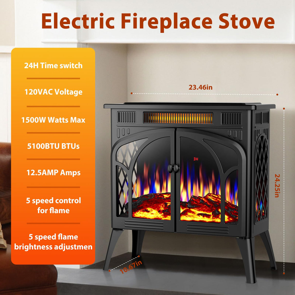 ZAFRO 24-inch Electric Fireplace Heater, 5100 BTU Freestanding Portable Electric Fireplace Stove with Remote Control & Timer, Adjustable Flame Color, 500W/1500W, Black ZAFRO