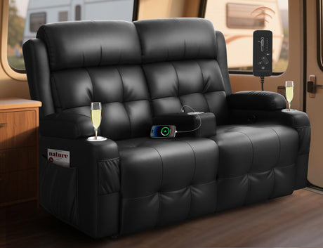 RV Loveseat Recliner Sofa, Oversized Massage Wall Hugger Recliners with Insert Pockets, Cup Holders, Reclining Couch, 150° Adjustable Recline & Padded Armrests, for RV Furniture (Black, Loveseat) Tiooii