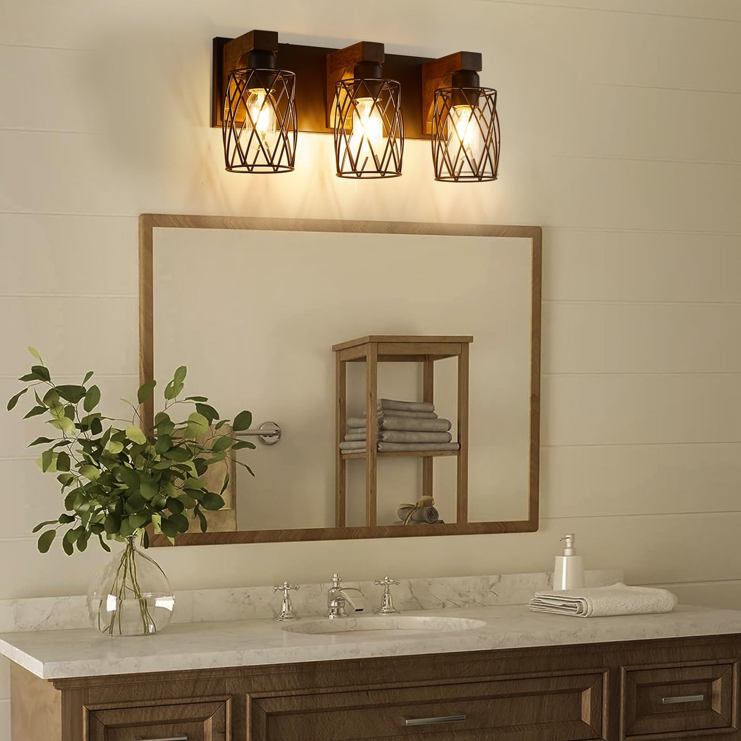 Farmhouse Bathroom Light Fixtures, Wood Bathroom Lighting Fixtures Over Mirror, 3-Light Vanity Light Fixture with Cage Metal Shade, Black Rustic Vanity Light for Bathroom, Hallway - WoodArtSupply